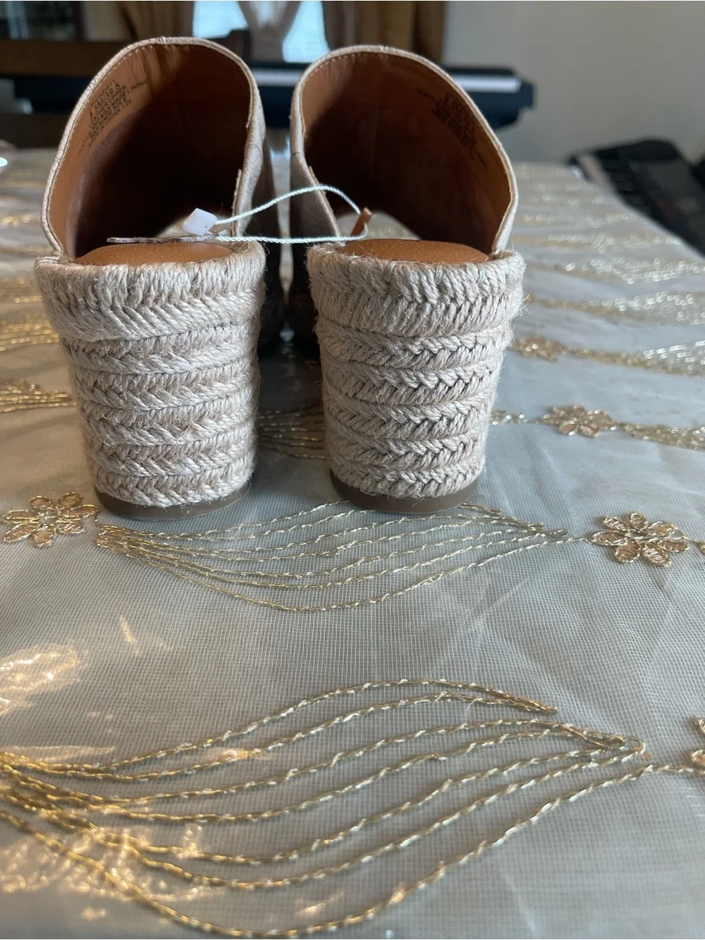 Lucky Brand Cream Textured Espadrille Wedge Slides genuine leather bone 8.5